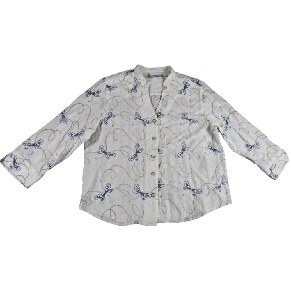 Alfred Dunner Top Petite 14P White Blue Dragonfly‎ Embroidered Seersucker Shirt
